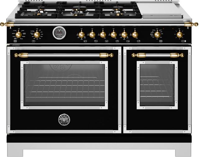 Bertazzoni Heritage Series 48" Fingerprint Resistant Nero Matt Pro Style Gas Range with Gold Accents-0