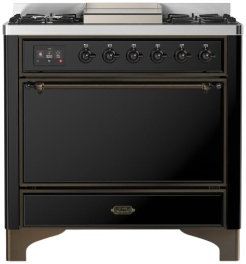 Ilve® Majestic III 36" Glossy Black Pro Style Dual Fuel Natural Gas Range with Solid Door and Burnished Trim-0