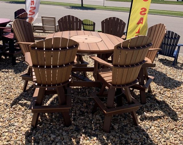 Creekside 60" Round Bar Height Table with 6 Classic Back Swivel Bar Chairs, woodgrain-0