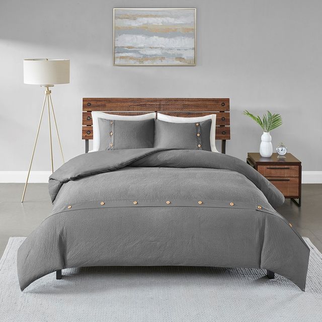 Olliix by Madison Park 3 Piece Grey King/California King Finley Cotton Waffle Weave Duvet Cover Set-0