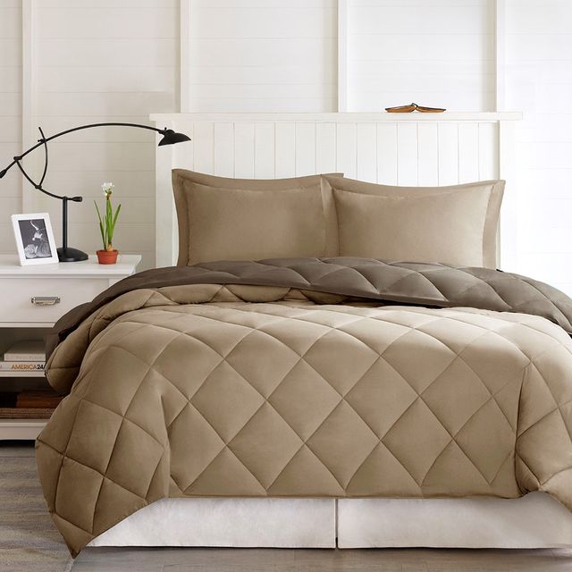 Olliix by Madison Park Essentials Larkspur Brown and Sand King 3M Scotchgard Reversible Down Alternative Comforter Set-1