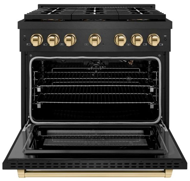 ZLINE Autograph Edition Paramount 36" 5.2 Cu. Ft. Black Satin Stainless Steel Gas Range with 6 Burner DuoPro™ Cooktop and Convection Gas Oven with Champagne Bronze Accents-1