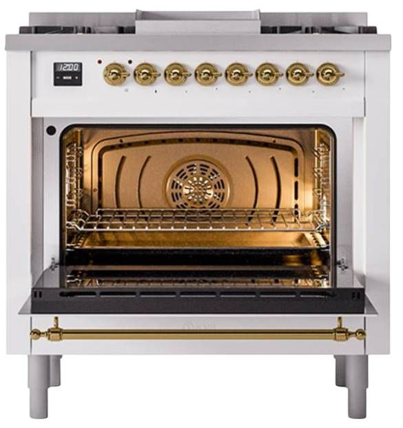 Ilve® Nostalgie II Noblesse 36'' White Pro Style Dual Fuel Range with Brass Trim-1