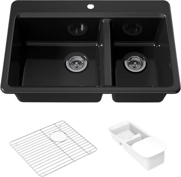 KOHLER® Riverby® Black 33" 1-Faucet Hole Top-Mount Double-Bowl Workstation Kitchen Sink-0