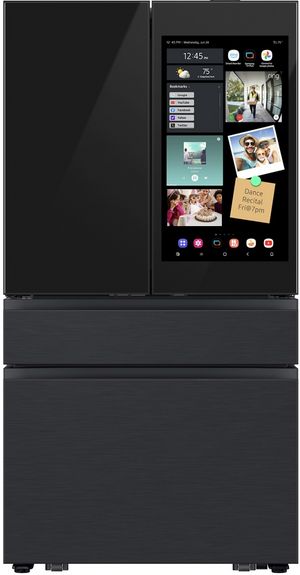 Front view of the Samsung Bespoke 36 in. 28.6 Cu. Ft. Charcoal Glass and Matte Black Steel French Door Refrigerator with AI Family Hub™+ & AI Vision Inside™