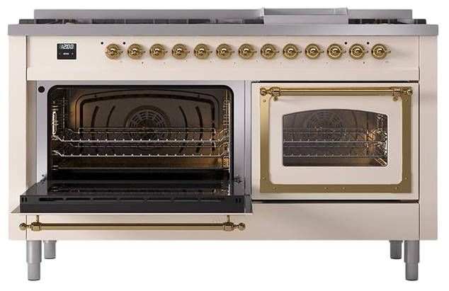 Ilve® Nostalgie II Noblesse 60'' Antique White Pro Style Dual Fuel Range with Brass Trim-3