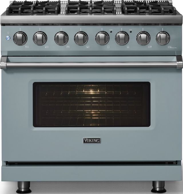 Viking® 5 Series 36" Novembery Sky Pro Style Dual Fuel (LP) Range with Polished Chrome Trim-2