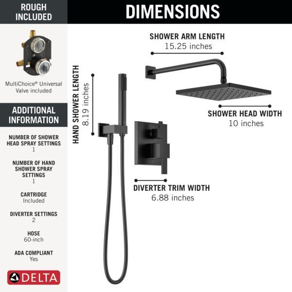 Delta Modern Monitor® 14 Series Matte Black Shower with Raincan, Hand Shower and Rough Valve-2
