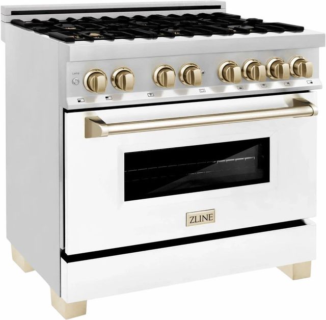 ZLINE Autograph Edition 36" Stainless Steel Pro Style Dual Fuel Range with White Matte Door and Polished Gold Accents-2
