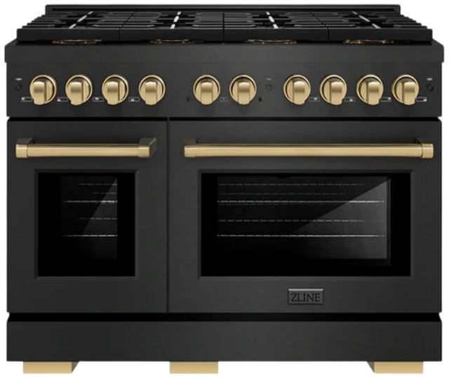 ZLINE Autograph Edition Paramount 48" 6.7 Cu. Ft. Black Satin Stainless Steel Dual Fuel Range with 8 Burner DuoPro™ Cooktop and Dual Ovens and Polished Gold Helix Handles and Accents-0