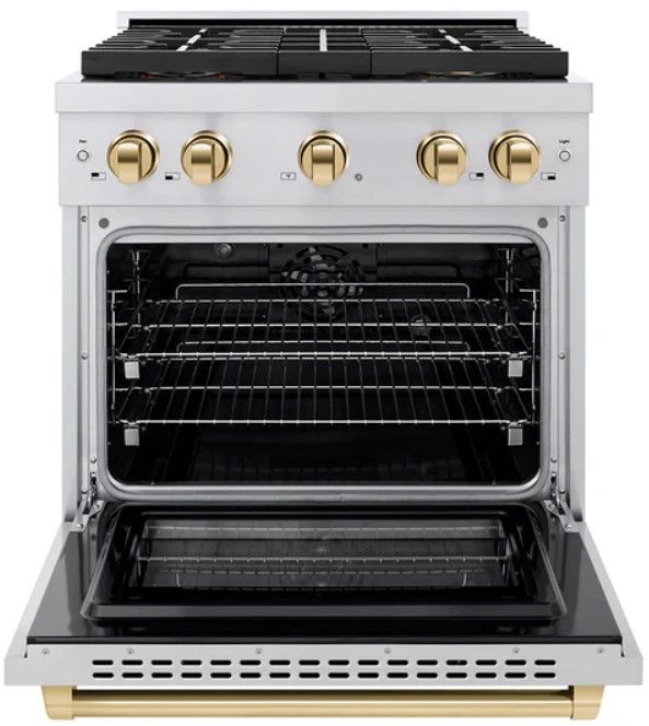 ZLINE Paramount 30" 4.2 cu. ft. Satin Stainless Steel Paramount Dual Fuel Range with 4 Burner DuoPro™ Cooktop and Electric Convection Oven with Polished Gold Accents-1
