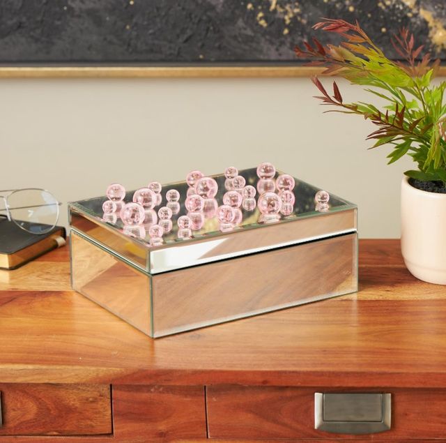 Deco Marche CosmoLiving by Cosmopolitan Silver Mirrored 10'' Decorative Jewelry Box with Pink Bubble Textured Balls-3