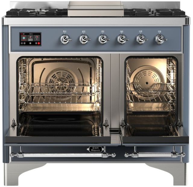 Ilve® Majestic III 40" Blue Gray Pro Style Dual Fuel Liquid Propane Range with Triple Glass Door and Chrome Trim-1