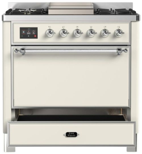 Ilve® Majestic III 36" Antique White Pro Style Dual Fuel Natural Gas Range with Solid Door and Chrome Trim-2