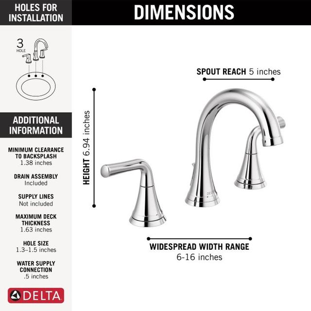 Delta Kayra® Chrome 2-Handle Widespread Bathroom Faucet-3