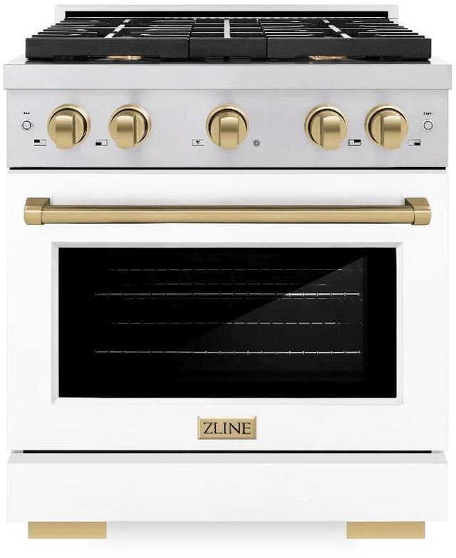 ZLINE Autograph Edition Paramount 30" Stainless Steel Pro Style Dual Fuel Range with White Matte Door and Champagne Bronze Accents-0