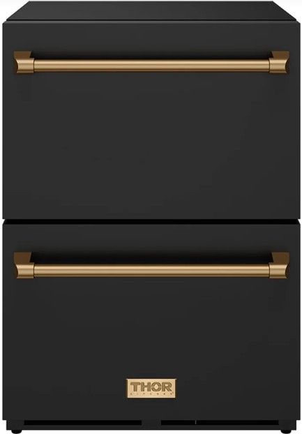 Thor Kitchen Gordon Ramsay Collection 24” 5.4 Cu. Ft. Anti-Fingerprint Black Built-In or Freestanding Under the Counter Refrigerator Drawer with Bronze Handle-0