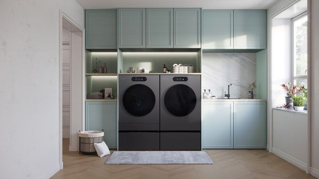 Front view of a modern laundry room with an LG Signature washer and dryer