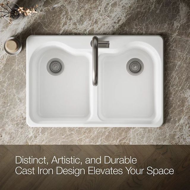 KOHLER® Hartland® White 33" 1-Faucet Hole Top-Mount Double-Bowl Kitchen Sink-4