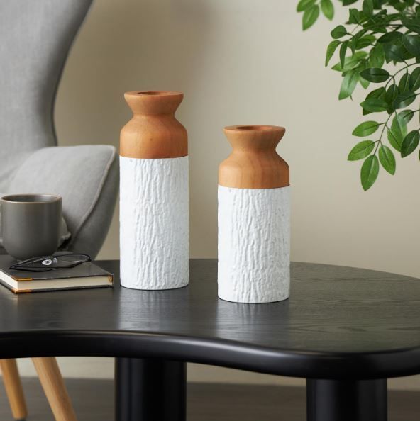 Deco Marche 2-Piece White Abstract Decorative Vase with Brown Wood Tops Set-4