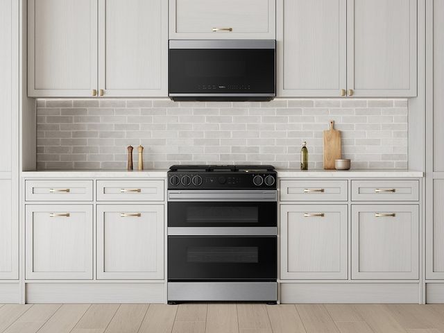 front view of a front control slide in double oven electric ranges