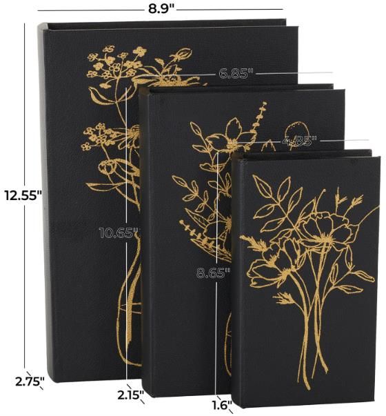Deco Marche 3-Piece Black Floral Book Storage Decorative Box with White and Gold Accents Set-3