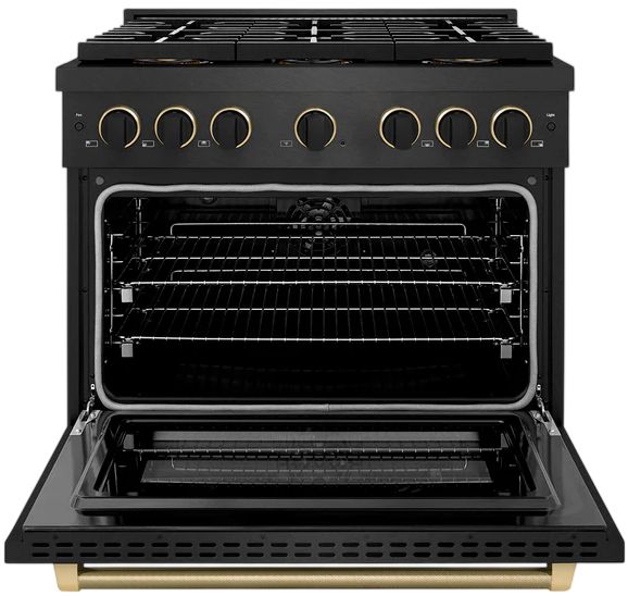 ZLINE Designer Collection Paramount 36" 5.2 Cu. Ft. Black Satin Stainless Steel Dual Fuel Range with Matte Black and Champagne Bronze Accents-1