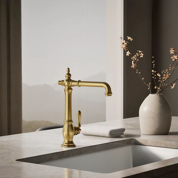 KOHLER® Artifacts® Vibrant Brushed Moderne Brass Single-Handle Kitchen Sink Faucet-1