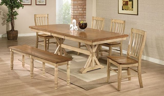 Winners Only® Quails Run Almond Top Trestle Dining Table with Wheat Base-1