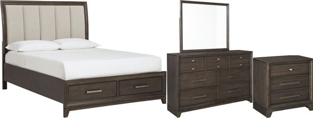 Signature Design by Ashley® Brueban 4-Piece Gray/Rich Brown Queen Upholstered Panel Storage Bed Set-0