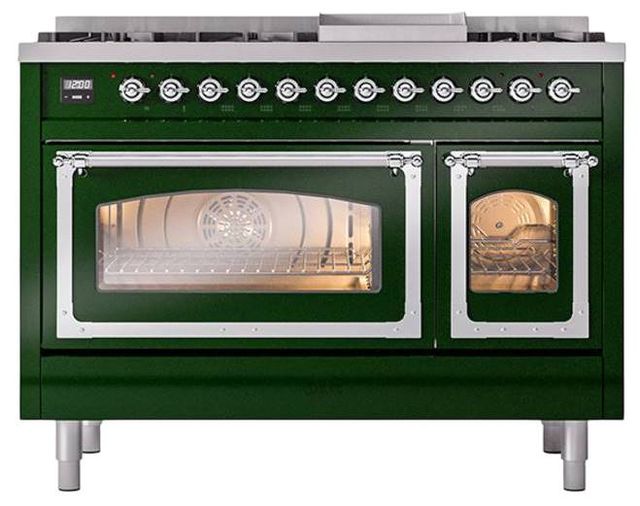 Ilve® Nostalgie II Noblesse 48'' Emerald Green Pro Style Dual Fuel Range with Chrome Trim-1