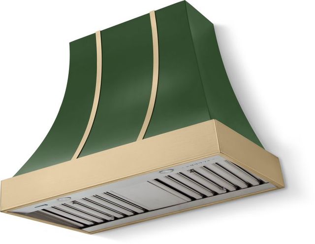 La Cornue CornuFé Cascade 36" Brands Hatch Green Wall Mounted Range Hood with Brushed Brass Trim-0
