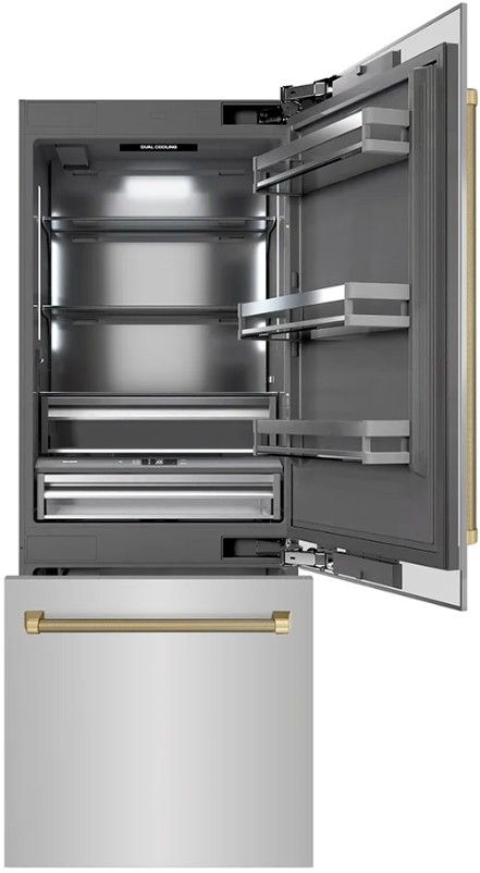 ZLINE Autograph Edition 30" 16.1 Cu. Ft. Stainless Steel Built In Bottom Freezer Refrigerator with Water Dispenser, Ice Maker, Graphite Gray Interior and Champagne Bronze Helix Handles-1