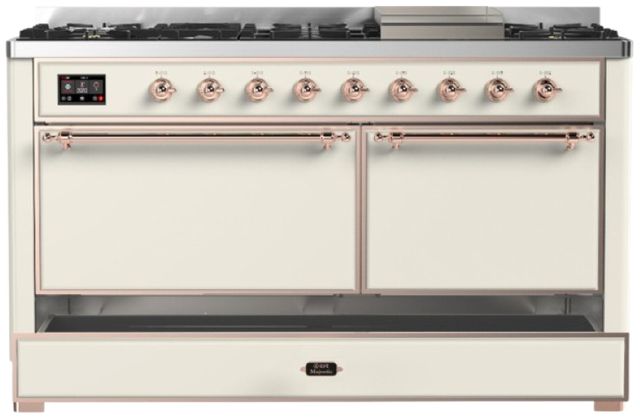 Ilve® Majestic III 60" Antique White Pro Style Dual Fuel Natural Gas Range with Solid Door and Copper Trim-2