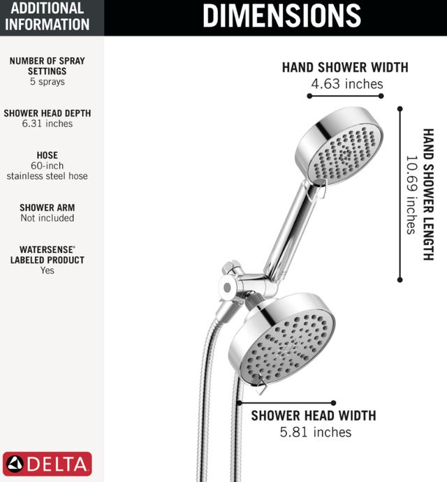 Delta Universal Showering Chrome 5-Setting Two-in-One Combination Round Shower with Additional Mount-2