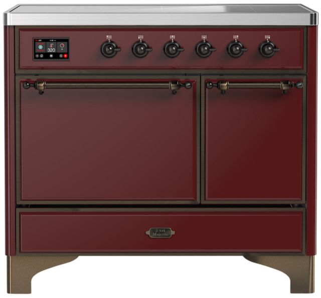 Ilve® Majestic III 40" Burgundy Pro Style Induction Range with Solid Door and Burnished Trim-0