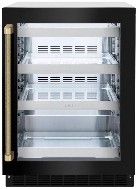ZLINE Autograph Edition Touchstone 24 " 5.2 Cu. Ft. Black Stainless Steel 151 Can Beverage Fridge with Glass Door and Polished Gold Helix Handle-0