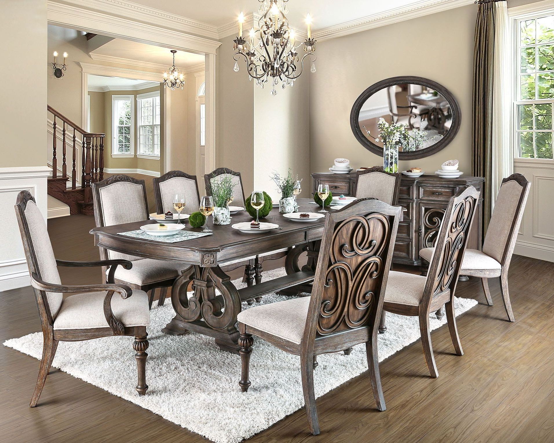 Furniture of America Arcadia 9 Piece Rustic Natural Dining Table Set Parks Home Furnishings