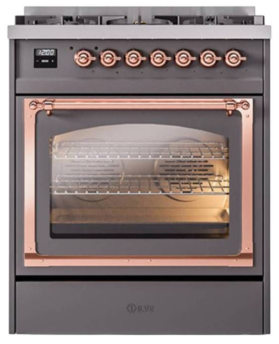 Ilve® Nostalgie II Noblesse 30" Graphite Matte Pro Style Dual Fuel Range with Copper Trim-1