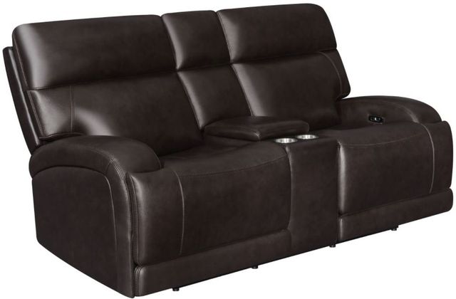 Coaster® Longport Dark Brown Power Reclining Upholstered Loveseat with Console-0