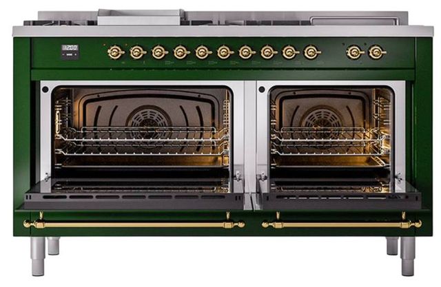 Ilve® Nostalgie II Noblesse 60'' Emerald Green Pro Style Dual Fuel Range with Brass Trim-1