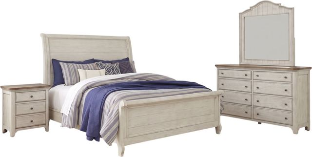 Liberty Furniture Farmhouse Reimagined 4-Piece Antique White/Chestnut King Sleigh Bedroom Set-0