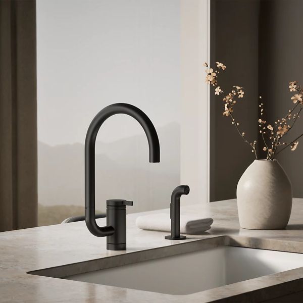 KOHLER® Components® Matte Black Single-Handle Kitchen Sink Faucet with 2-Function Extended-Reach Spout and Side Sprayer-1