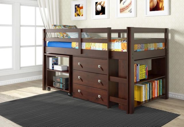 Donco Kids Study & Sleep Cappuccino Youth Twin Low Loft with Desk, Chest and Bookcase-1