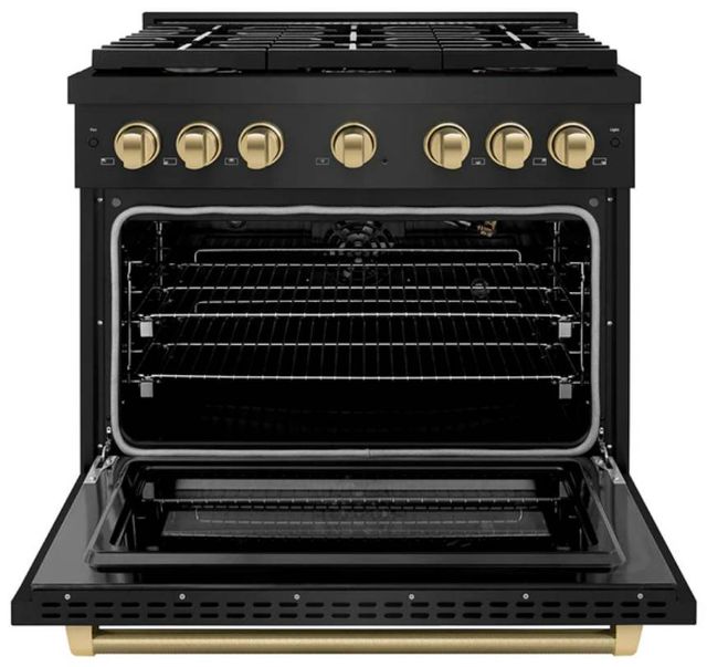 ZLINE Autograph Edition Paramount 36" Black Stainless Steel/Champagne Bronze Helix Handle Freestanding Gas Range with 6 Burner Cooktop and Convection Gas Oven-1