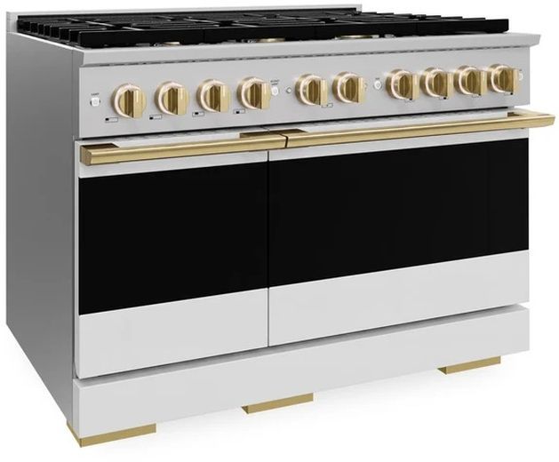 ZLINE Marino 48" Stainless Steel Pro Style Dual Fuel Range with White Matte Door and Polished Gold Accents-3