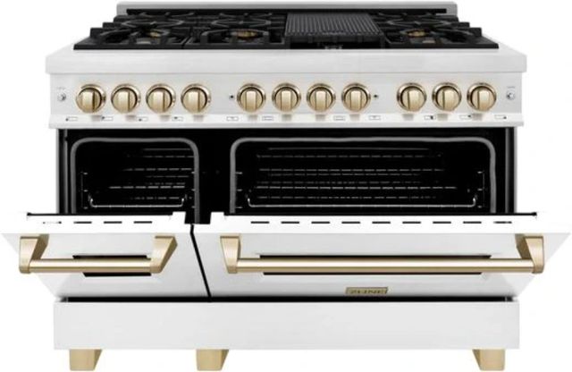ZLINE Autograph Edition Legacy 48" Satin Stainless Steel Pro-Style Dual Fuel Range with White Matte Door and Polished Gold Accents-2