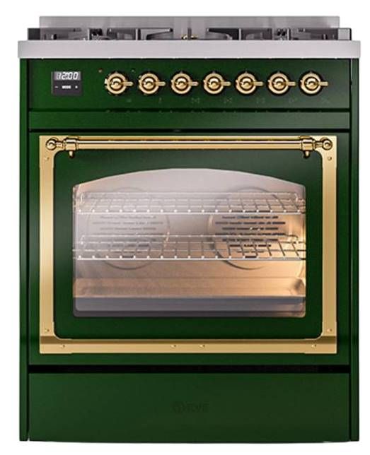 Ilve® Nostalgie II Noblesse 30" Emerald Green Pro Style Dual Fuel Range with Brass Trim-1