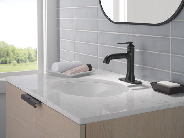 Delta Bonacci™ Matte Black Single Handle Bathroom Faucet with Drain-1