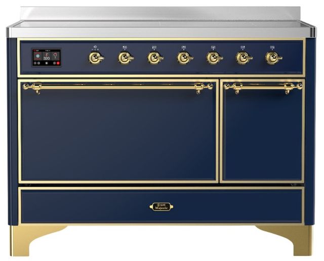 Ilve® Majestic III 48" Midnight Blue Pro Style Induction Range with Solid Door and Brass Trim-0